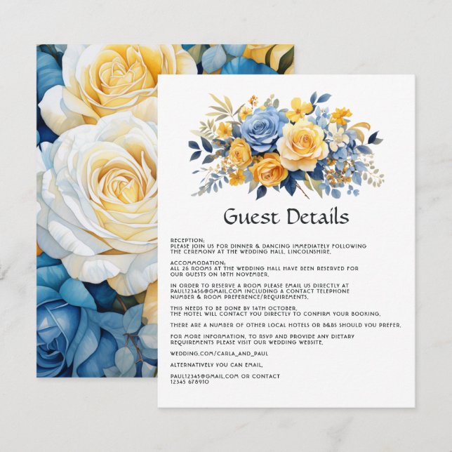 Blue and Gold Floral Wedding Guest Details Enclosure Card (Front/Back)
