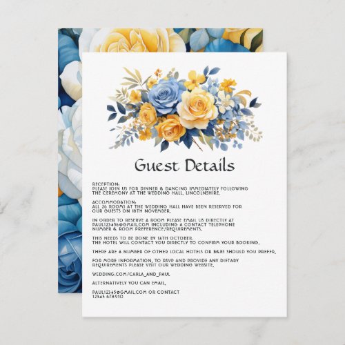 Blue and Gold Floral Wedding Guest Details Enclosure Card