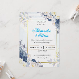 Blue and Gold Floral Wedding Invitation