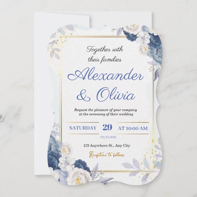 Blue and Gold Floral Wedding Invitation (Front)