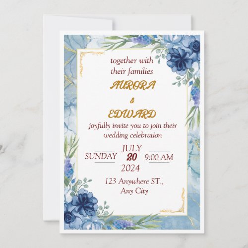 Blue and Gold Floral Wedding  Invitation