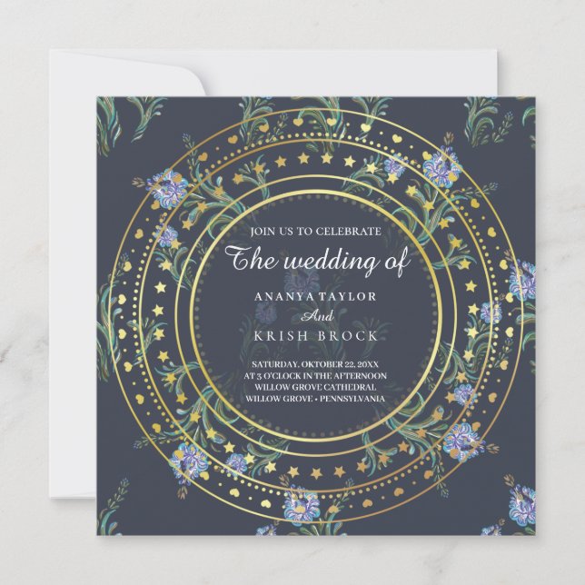 Blue and Gold Floral, Wedding Invitation (Front)