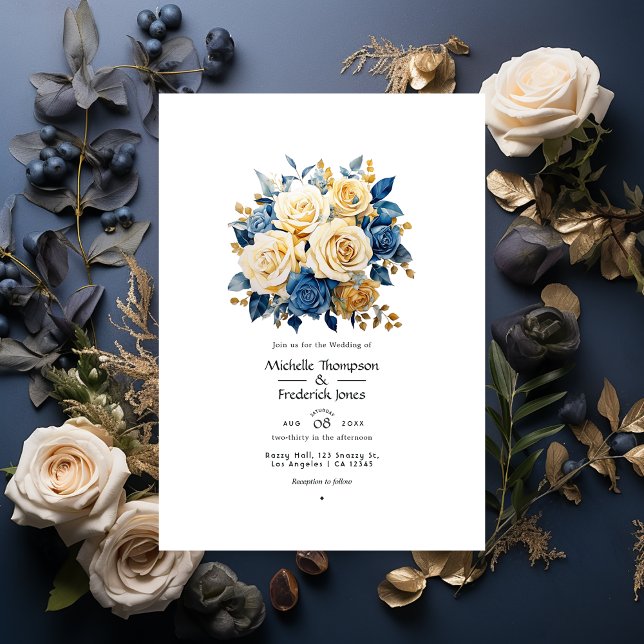 Blue and Gold Floral Wedding Invitation (Creator Uploaded)