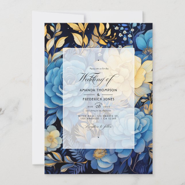 Blue and Gold Floral Wedding Invitation (Front)