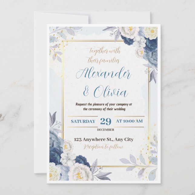Blue and Gold Floral Wedding Invitation (Front)