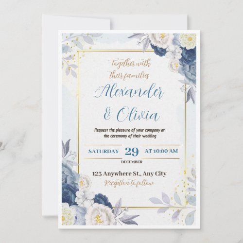 Blue and Gold Floral Wedding Invitation