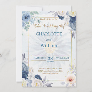 Blue And Gold Floral Wedding Invitation 2026
