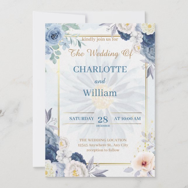 Blue And Gold Floral Wedding Invitation 2026 (Front)