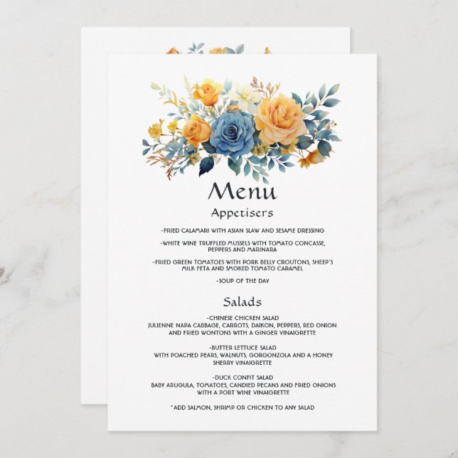 Blue and Gold Floral Wedding Menu (Front/Back)