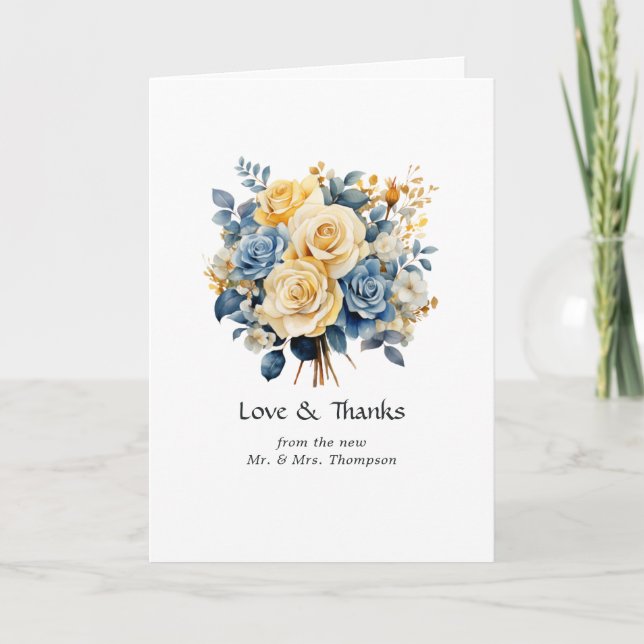 Blue and Gold Floral Wedding Photo Thank You Card (Front)