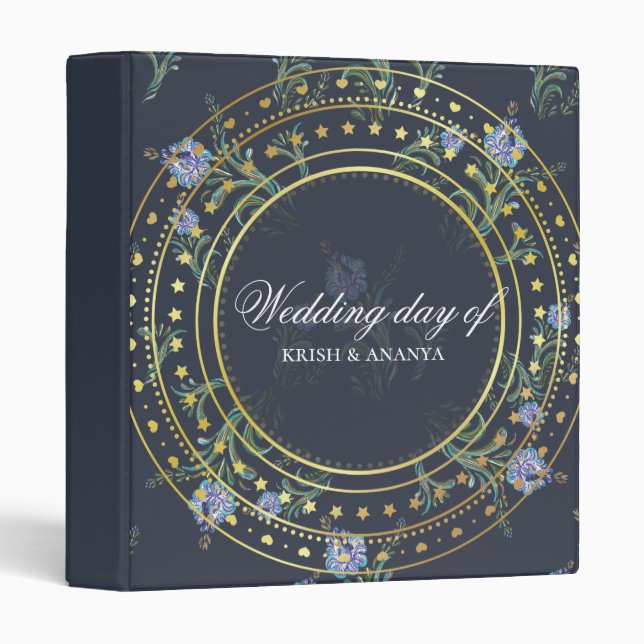 Blue and Gold Floral, Wedding Planner 3 Ring Binder (Front/Spine)
