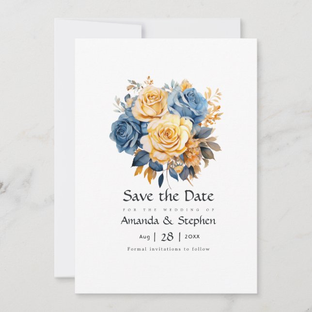 Blue and Gold Floral Wedding Save The Date (Front)