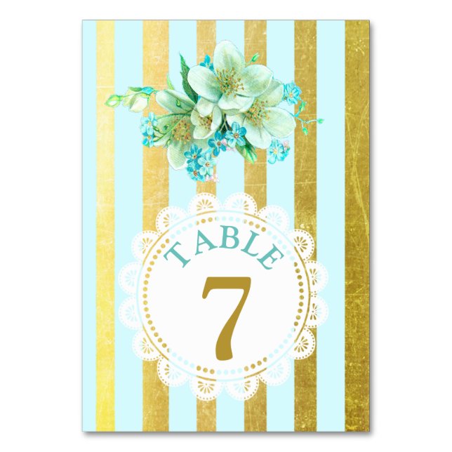 Blue and Gold Floral Wedding Table Number Card (Back)