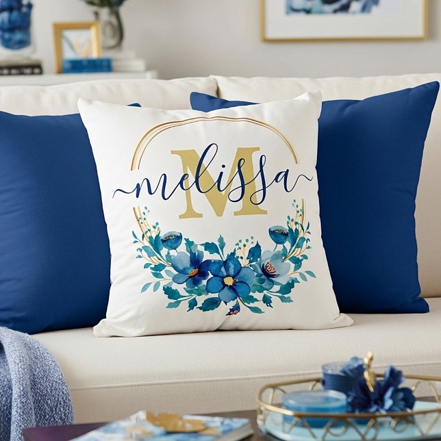 Blue and gold floral wreath personalized throw pillow (Creator Uploaded)