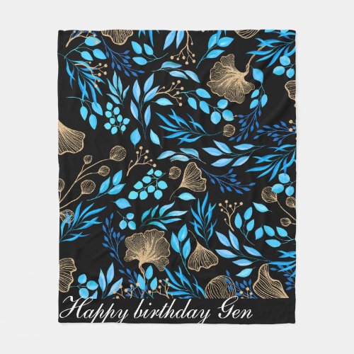 Blue and Gold Flower pattern Add Your Name Fleece Blanket