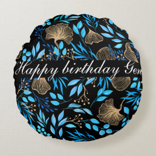 Blue and Gold Flower pattern Add Your Name Round Pillow