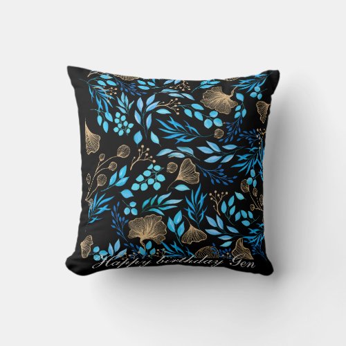 Blue and Gold Flower pattern Add Your Name Throw Pillow