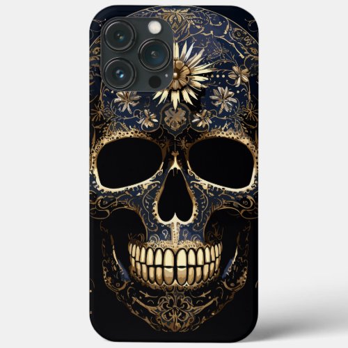Blue and Gold Flower Skull iPhone 13 Pro Max Case