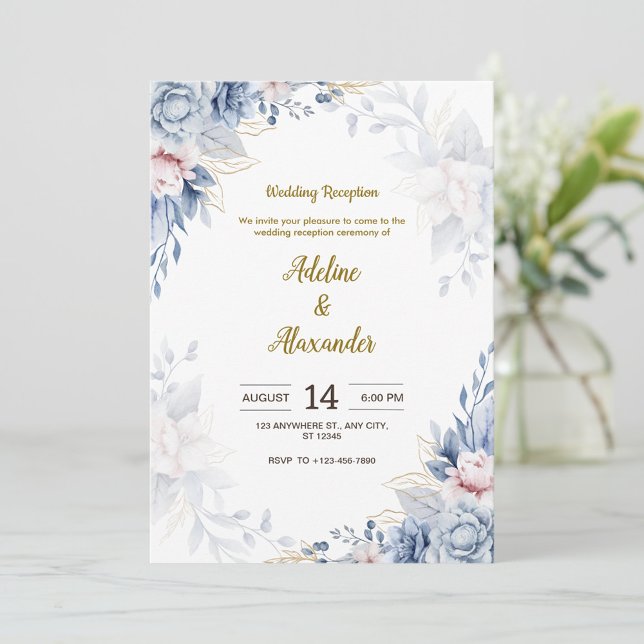 Blue and gold flower wedding Reception  Invitation (Creator Uploaded)