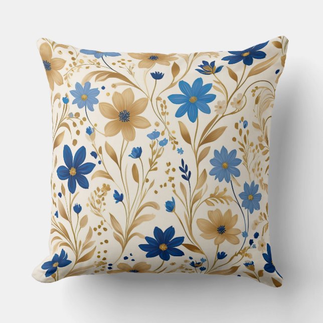 Blue and Gold flowers Throw Pillow (Front)