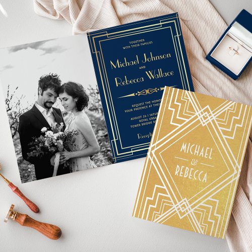 Blue and Gold Foil Art Deco Wedding Invitation