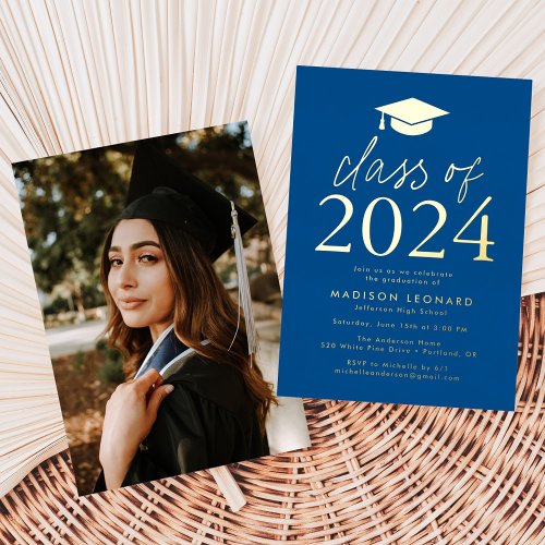 Blue and Gold Foil Class of 2024 Graduation Party Foil Invitation