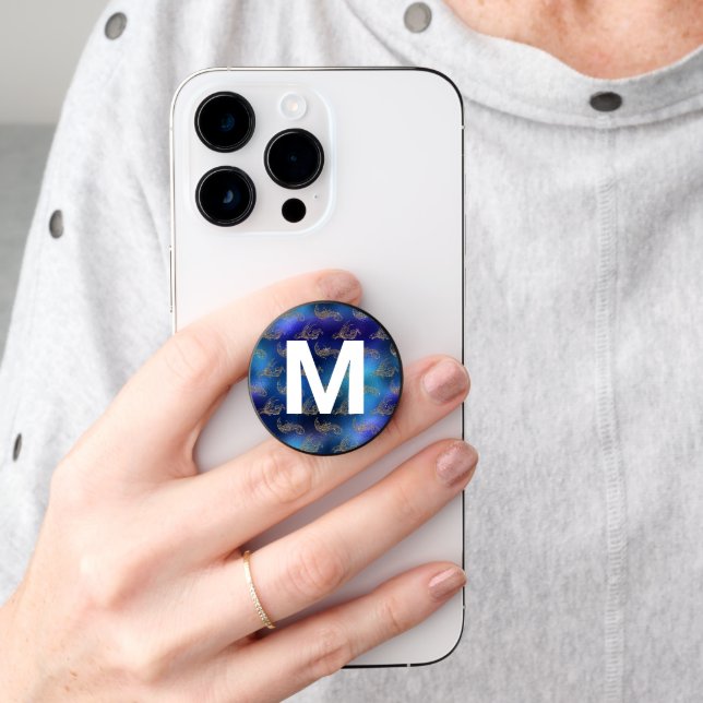 Blue and Gold Foil Glitter Fish Look Monogram PopSocket (Hand)