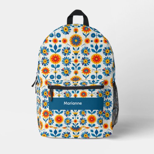 Blue and Gold Folk Art Flowers Printed Backpack