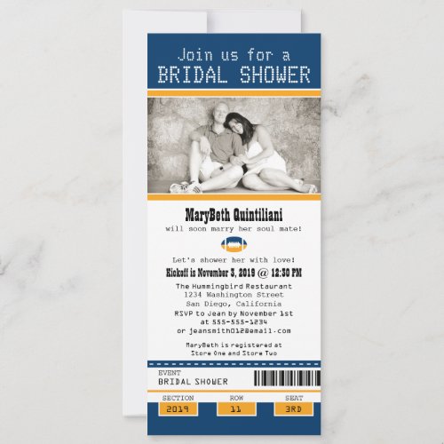 Blue and Gold Football Ticket Bridal Shower Invitation