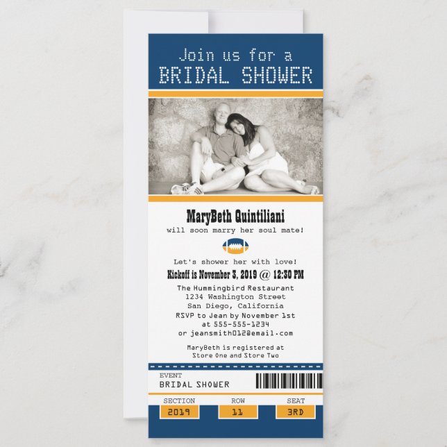Blue and Gold Football Ticket Bridal Shower Invitation (Front)