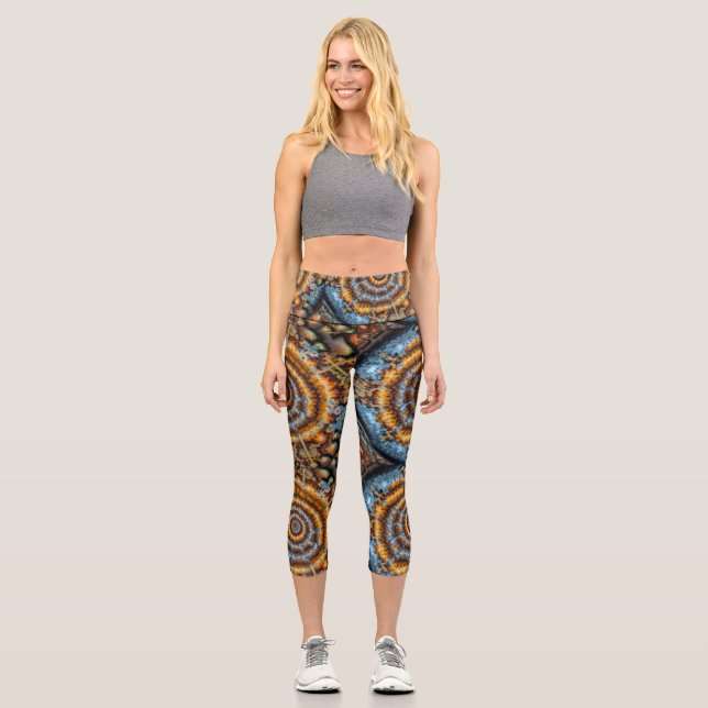 blue and gold fractal swirl capri leggings (Front)