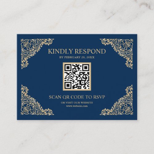 Blue and Gold Frame QR Code RSVP Wedding Website Enclosure Card