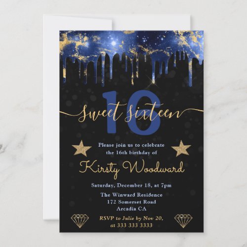 Blue and Gold Galaxy Marble Sweet Sixteen Invitation