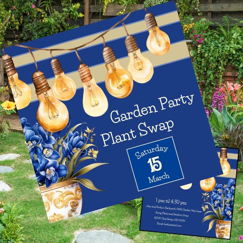 Blue and Gold Garden Party and Plant Swap  Invitation
