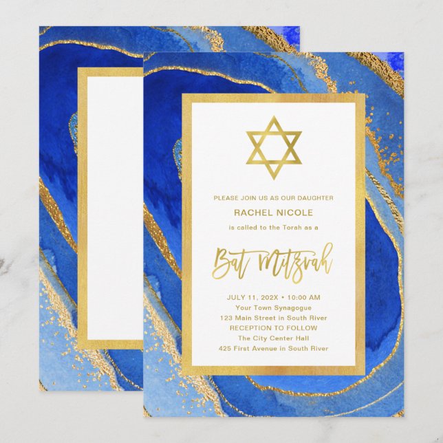Blue and Gold Geode | Star of David Bat Mitzvah Invitation (Front/Back)
