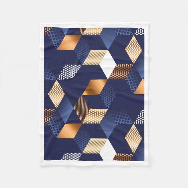 Blue and Gold Geometric Abstract Pattern Fleece Bl Blanket (Front)