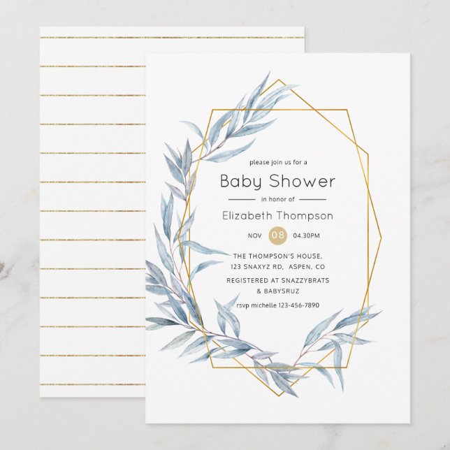 Blue and Gold Geometric Eucalyptus Baby Shower Invitation (Front/Back)