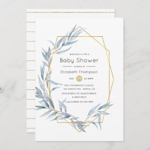 Blue and Gold Geometric Eucalyptus Baby Shower Invitation