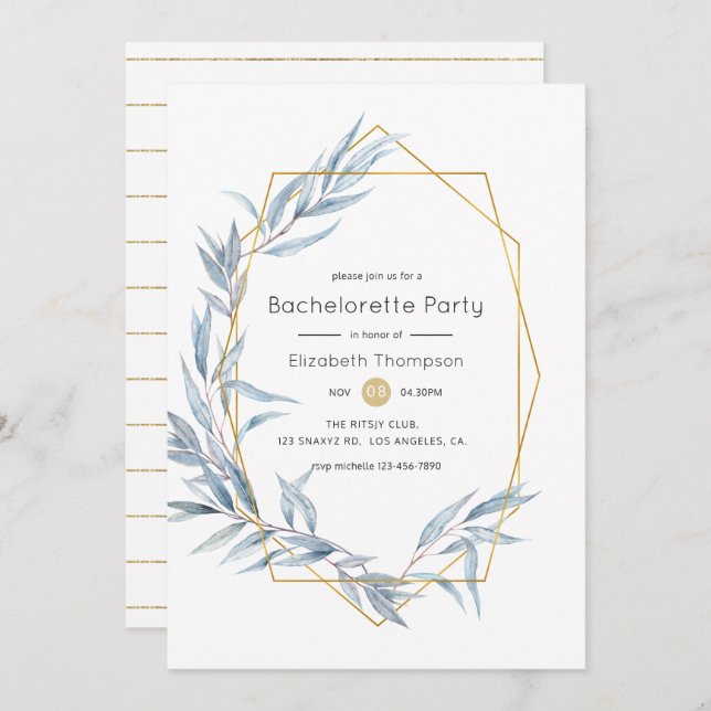 Blue and Gold Geometric Eucalyptus Bachelorette Invitation (Front/Back)