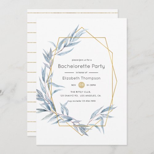 Blue and Gold Geometric Eucalyptus Bachelorette Invitation