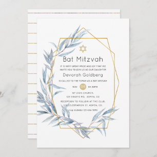 Blue and Gold Geometric Eucalyptus Bat Mitzvah Invitation