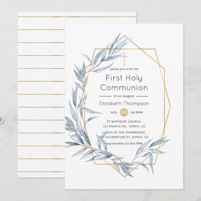 Blue and Gold Geometric Eucalyptus Holy Communion Invitation (Front/Back)