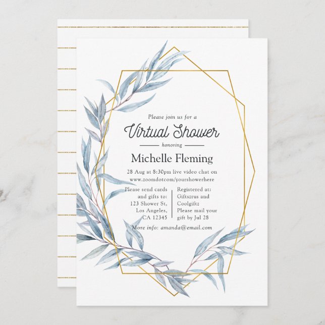Blue and Gold Geometric Eucalyptus Virtual Shower Invitation (Front/Back)