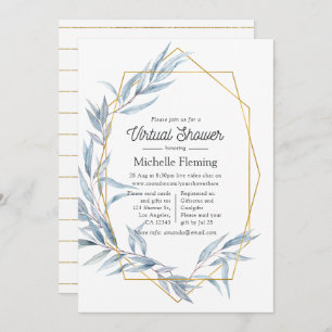 Blue and Gold Geometric Eucalyptus Virtual Shower Invitation