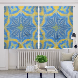 Blue and Gold Geometric Floral Pattern Sheer Curtains