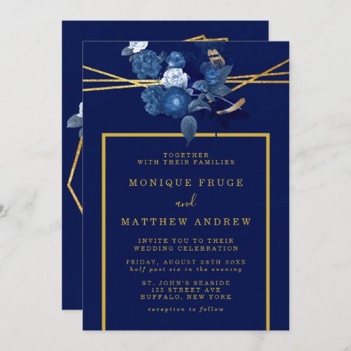Blue and Gold Geometric Floral Wedding Invitation