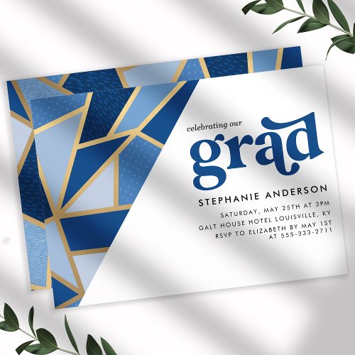 Blue And Gold Geometric Graduation Party Invitation