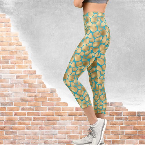 Blue and Gold Giraffe Pattern Capri Leggings