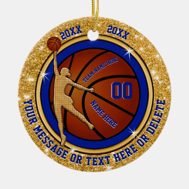 Blue and Gold Girls Basketball Team Gift Ideas Ceramic Ornament (Front)