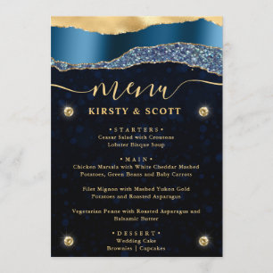 Blue and Gold Glam Tears Bokeh Wedding Menu